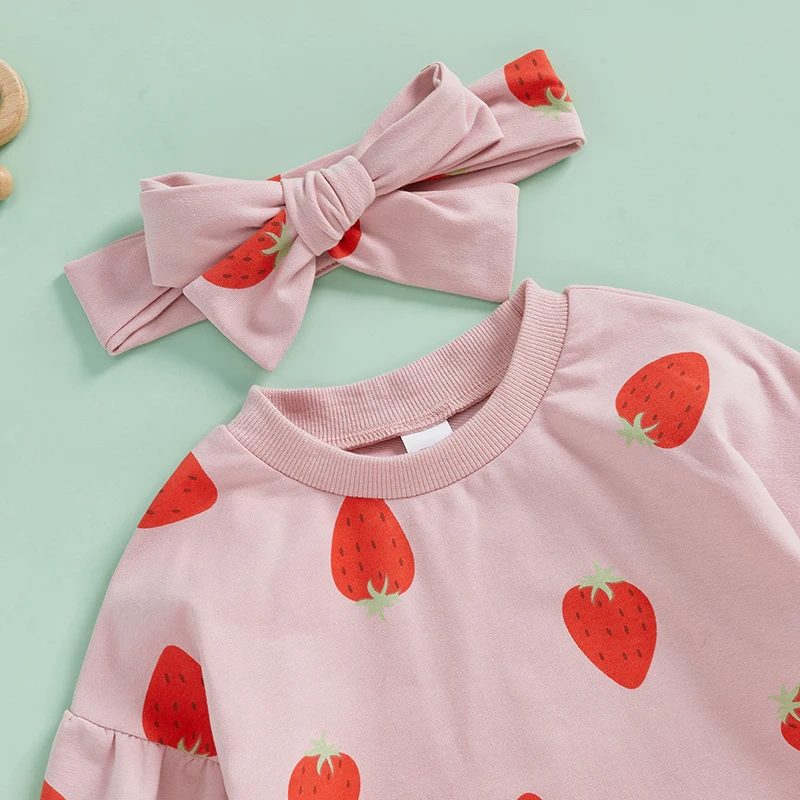 Lovely Baby Girls Spring Autumn Rompers Long Sleeve O Neck Strawberry Print Loose Sweatshirts Romper with Headband Outfits