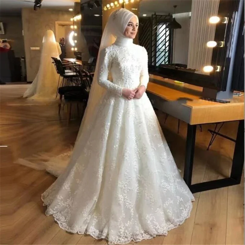 ชุดเจ้าสาวลูกไม้แขนยาวทรง gaun pengantin muslimah สำหรับเจ้าสาวชุดเจ้าสาวคอสูงแนว2024สำหรับผู้หญิงอาหรับ