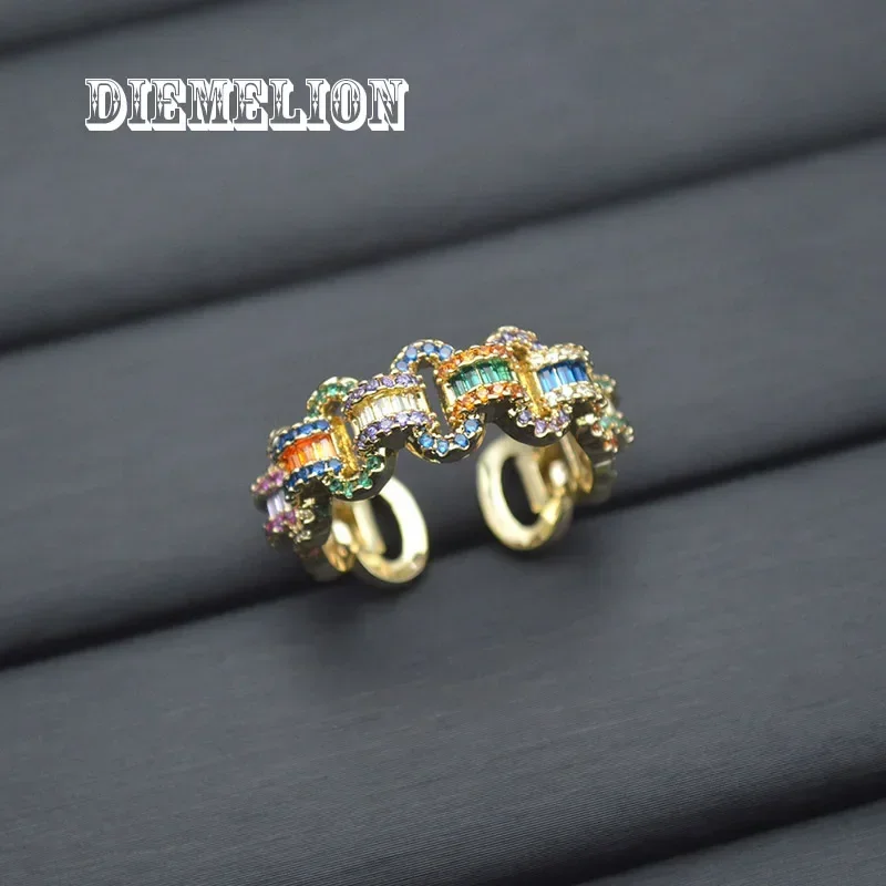 Chic Dazzling Cuban Link Chain Rings for Women Full Pave Rainbow Zirconia Tennis Ring Fashion Accessories Hiphop Rock Jewelry