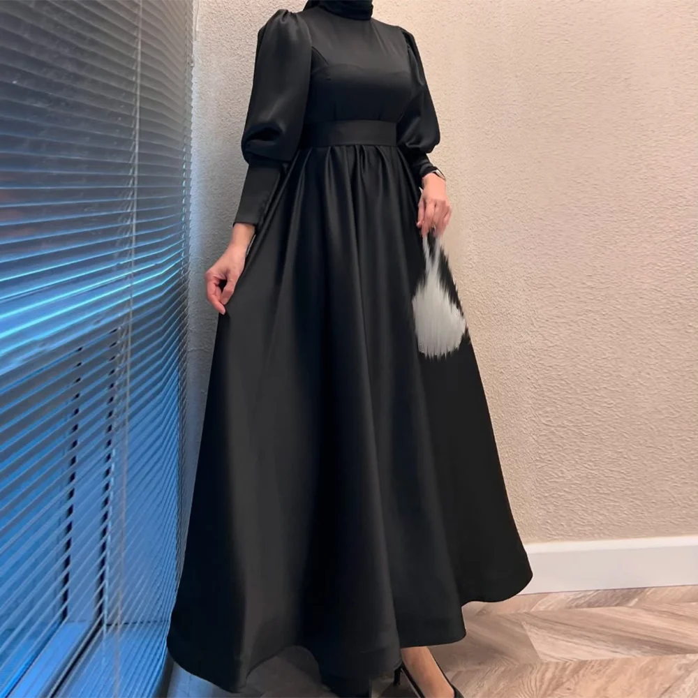 

Customized Black A-Line Prom Dresses Tea-Length High-Neck Full Sleeve Evening Gown Simple Fashion Draped Casual Party Gown