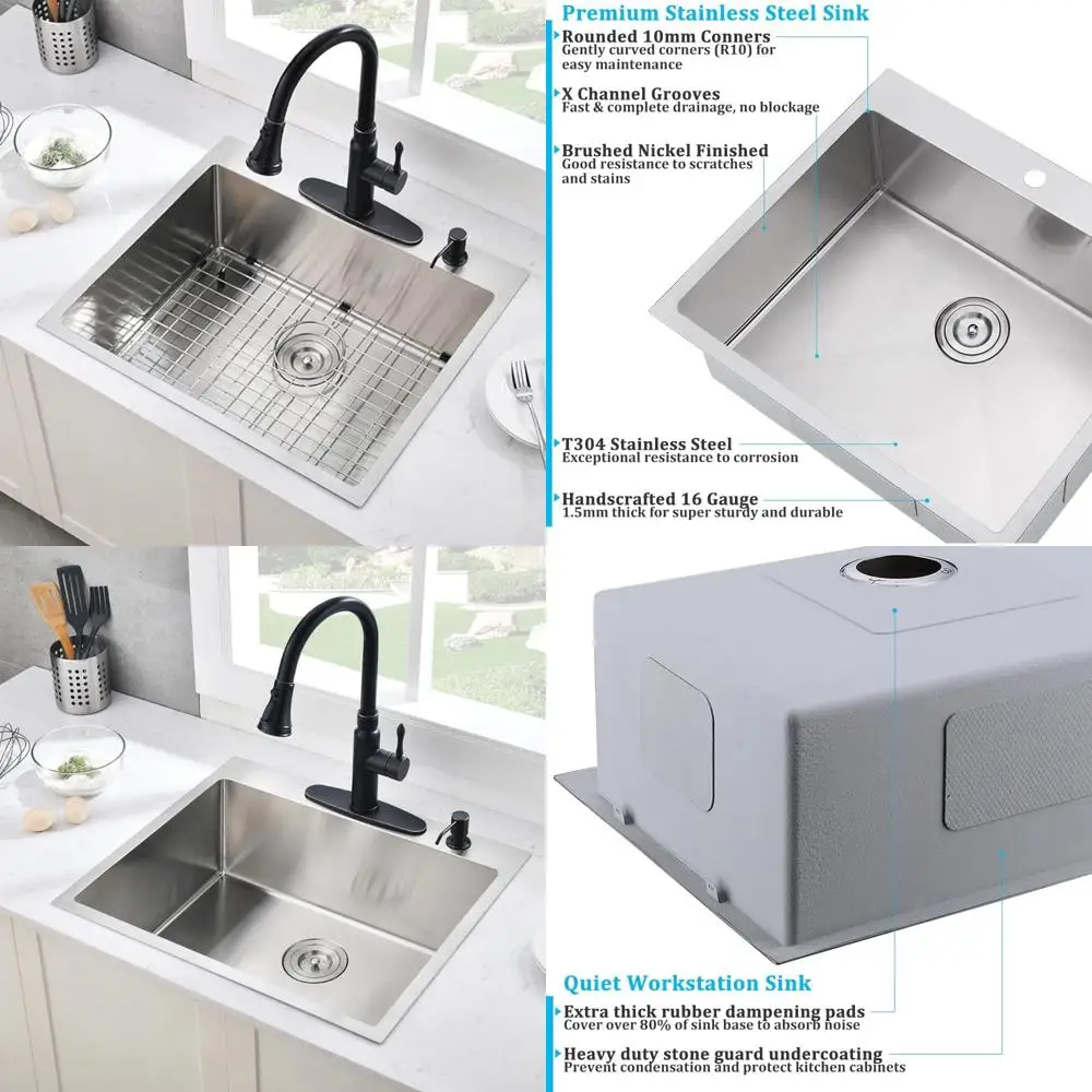 

Stainless Steel 16 Gauge 25x22 Inch Single Bowl Kitchen Sink with 10 Inch Bowl and 2 Holes for Drop-In Installation