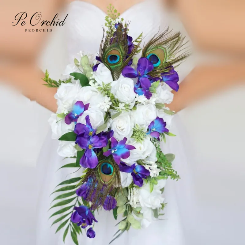 

PEORCHID Blue Galaxy Orchids Cascading Wedding Flowers Bridal Bouquets White Roses Peacock Feathers Artificial Waterfall Bouquet