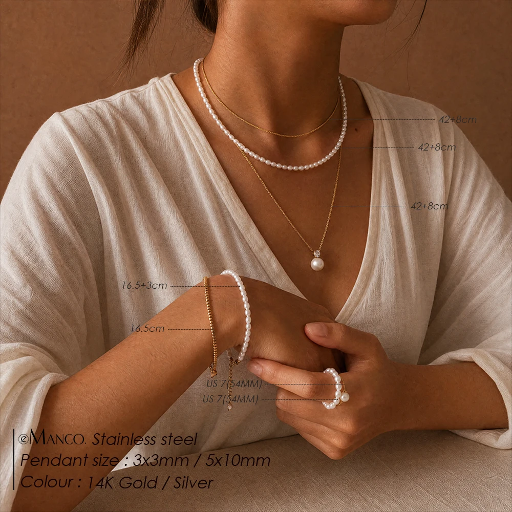 EMANCO Minimalist Style Stainless Steel Gold Color Multi Layer Pearl Jewelry Set Necklace Bracelet Ring Wholesale Dropshipping