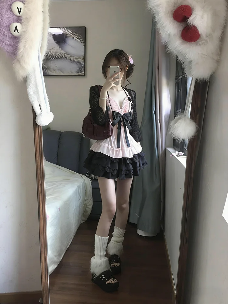 Vintage Dark Subculture Halter Lace Bow 3 Piece Set Women Pink Sling Black Cardigan Ruffle Mini Skirt Sweet Party Chic Clothes