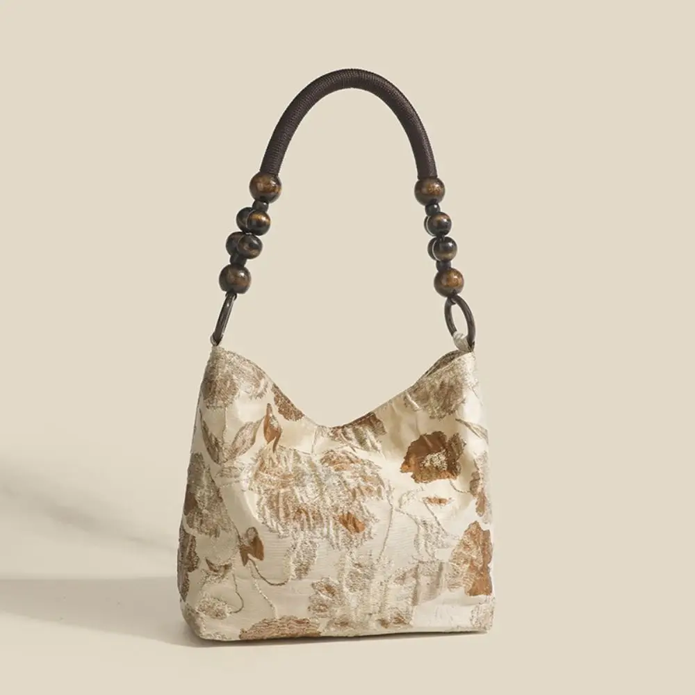 

New Chinese Style Retro Jacquard Fabric Shoulder Bag Woven Handle Wooden Bead Texture Underarm Bag Tote Bag