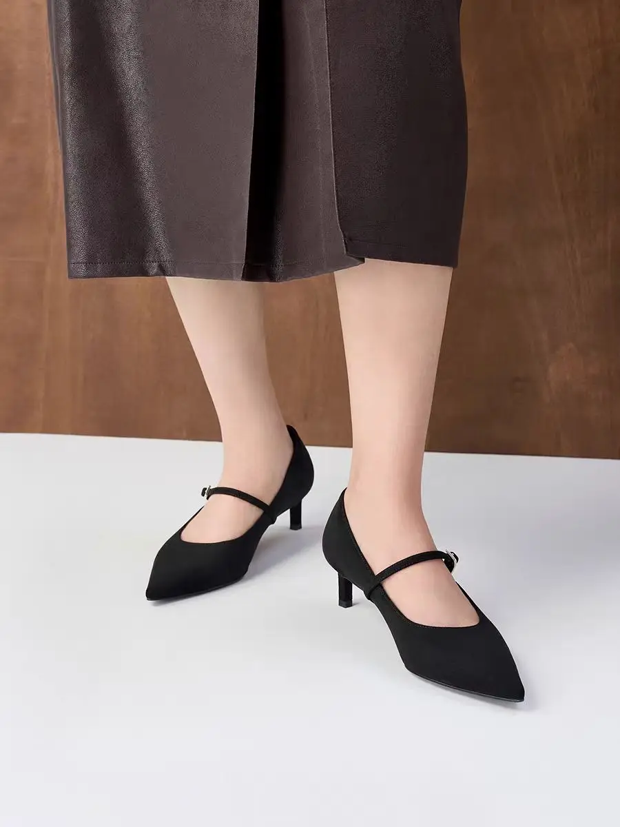 FWRD Women's Satin Pointed-Toe Mary Jane Kitten Heel Pumps with Buckle Strap, Elegant Office Party Shoes #FWRD000219