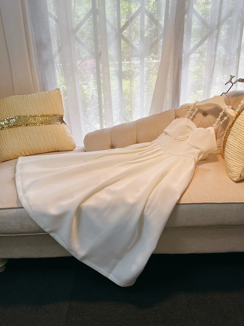 

Ele White Pearl Strap Dr Gentlewomanly Long Skirt Commute Sle High Waist A-Line Silken Polyester Gown for Women