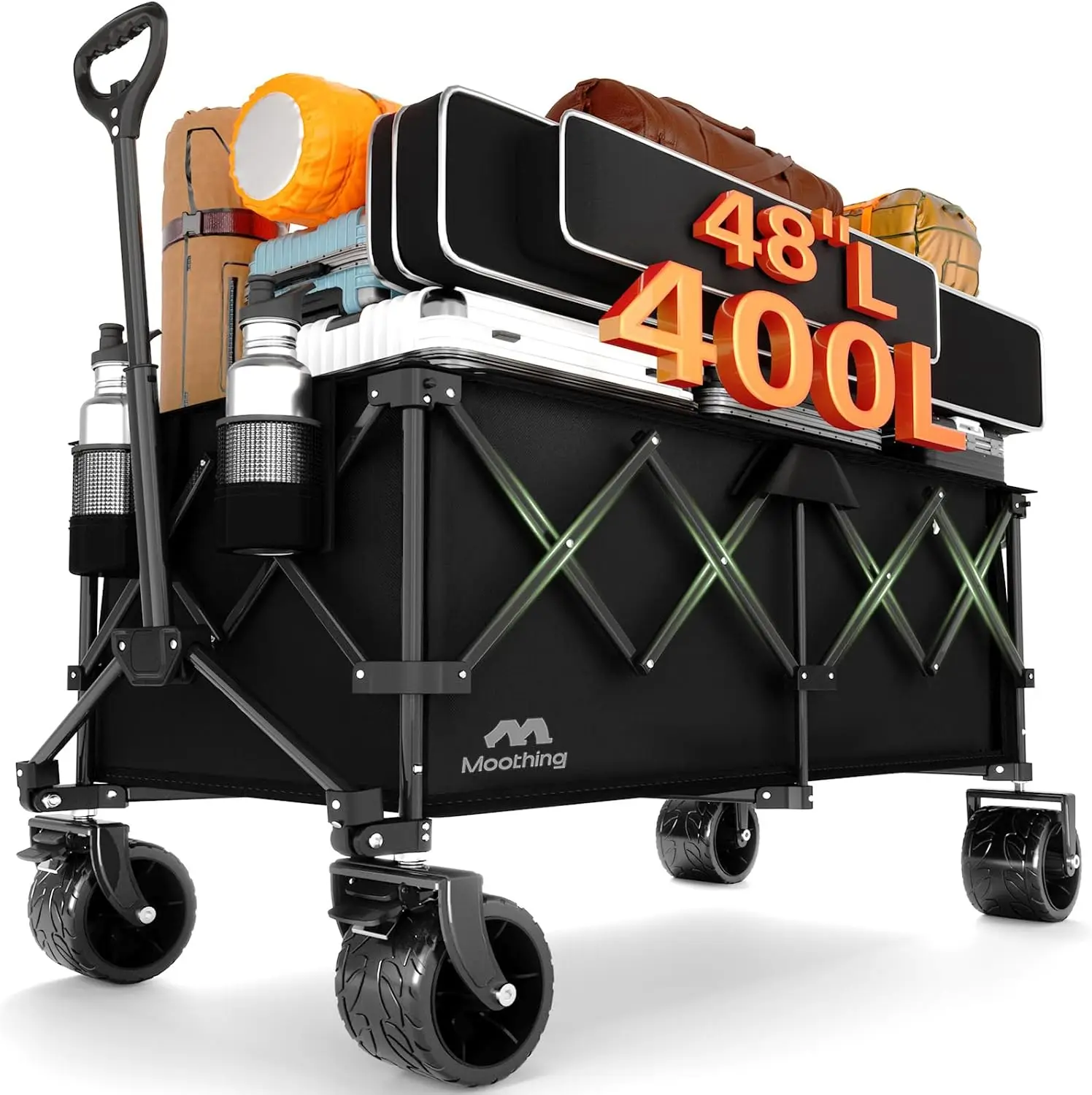 عربة عربة قابلة للطي مقاس 48 بوصة، شديدة التحمل بسعة 320 لتر وعجلات لجميع التضاريس للشاطئ والتخييم والبقالة