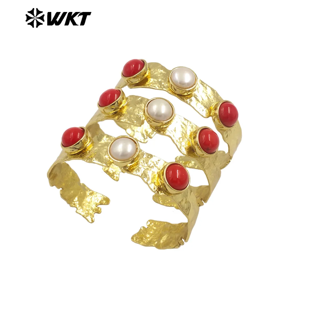 MPB109 Amazing Gorgeous Fashion Bohemian 18K Real Gold Plated Triple Stone Pearl And Coral Round Shape Women Jewelry Bangle