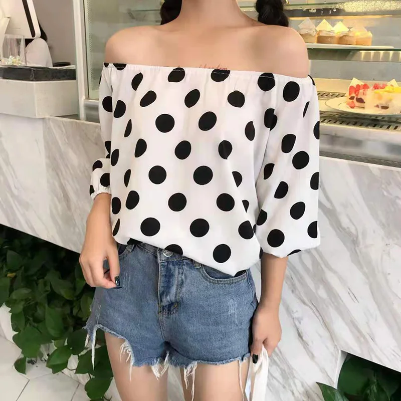 Black Polka Dot Print Chiffon Slash Neck Short Sleeve Loose Women\'s Blouse Shirt Korean Fashion Female Clothing Tops 2024 Summer