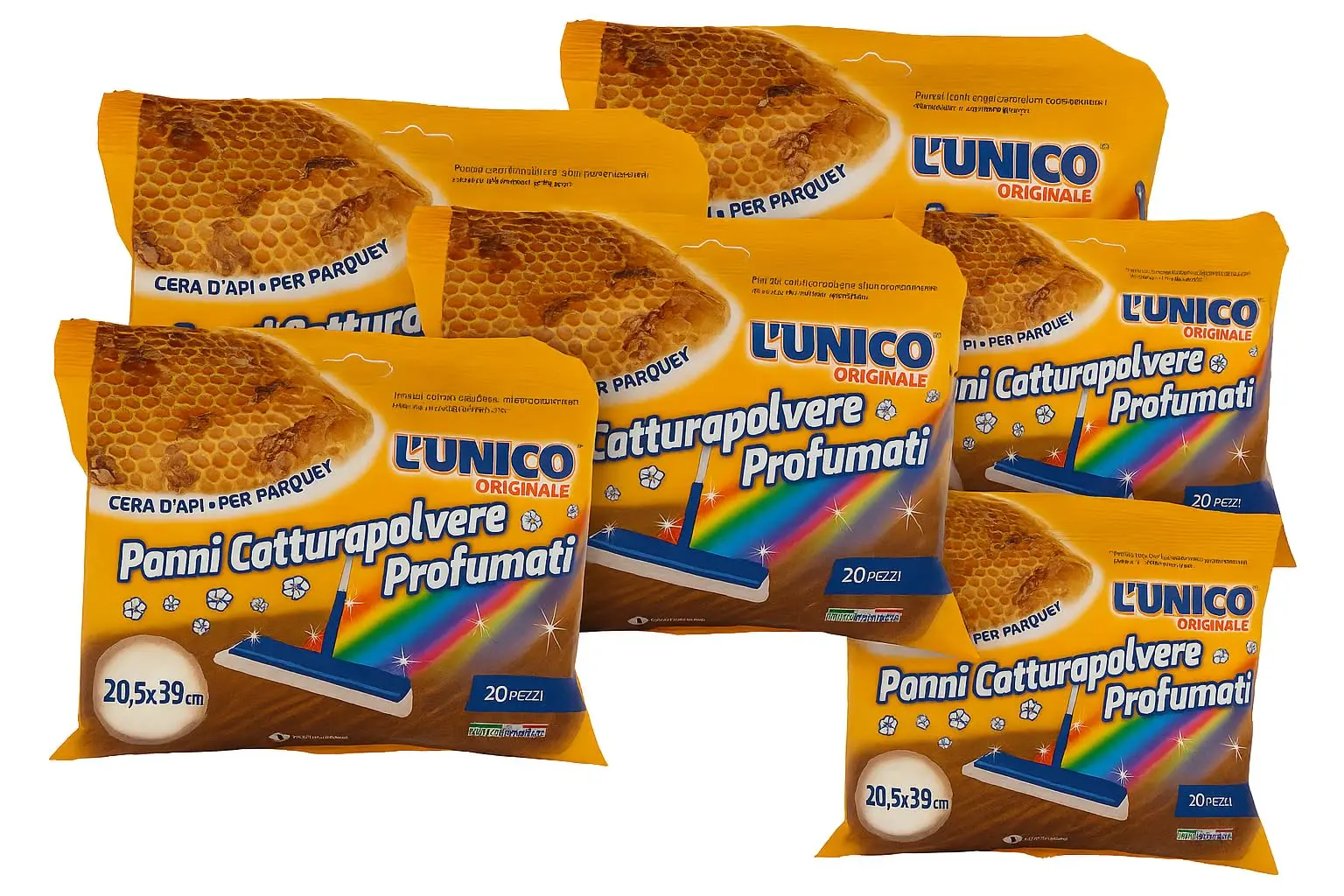 Generico L’Unico geurende stofvangers van bijenwas – 5X20 verpakking met 100 stuks – elektrostatisch voor parket en vloeren, natuurlijke geur, maximaal formaat 20,5 x 39 cm, gemaakt in Italië.