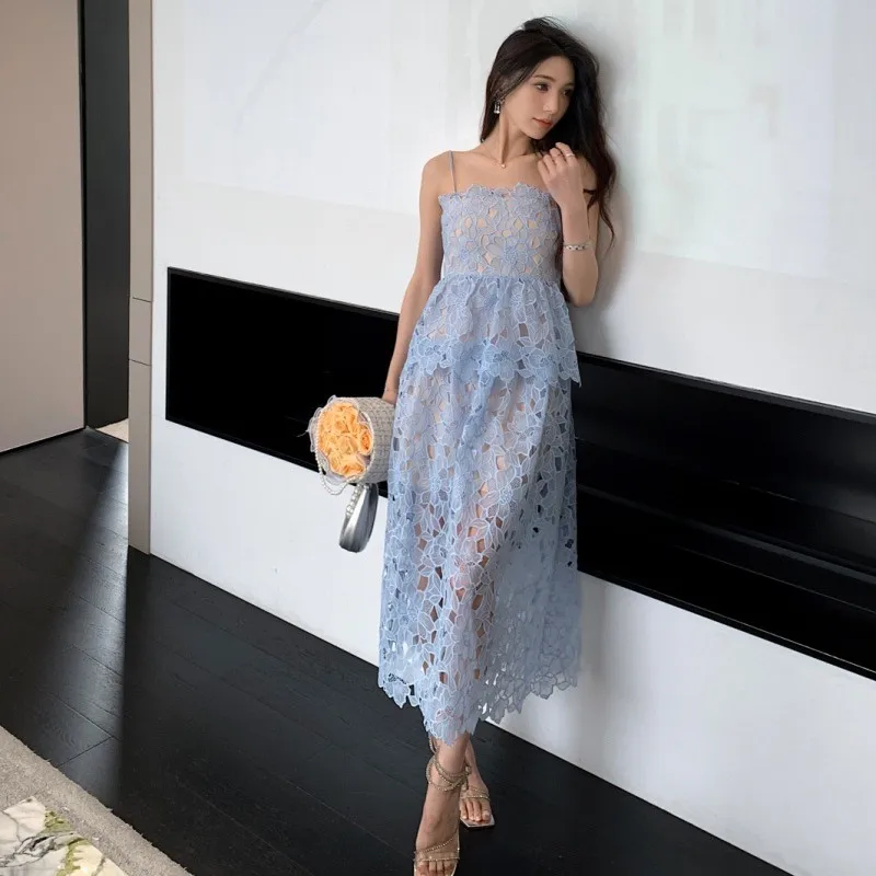 2024年夏新作 レディース ライトブルー レーザー刺繍 ケーキドレス ストラップ ロングドレス 2点セット ハイウエスト Aラインスカート ビジネス ホーム