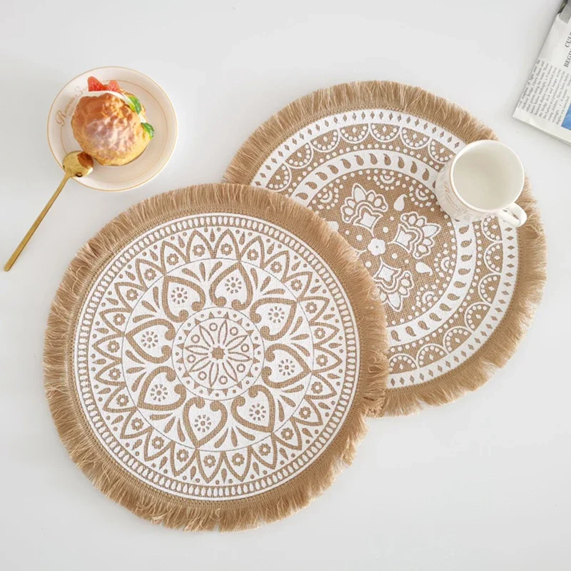 2024 New Boho Woven Jute Placemats Tassels Mats Round Table Mats Dining Table Heat Insulation Mat Home Party Wedding Decor