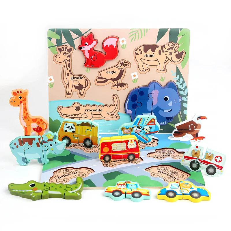 

Funny Cross-border 3d wooden puzzles 3-6 children's educational animal traffic puzzle set scene hand grab toys kids