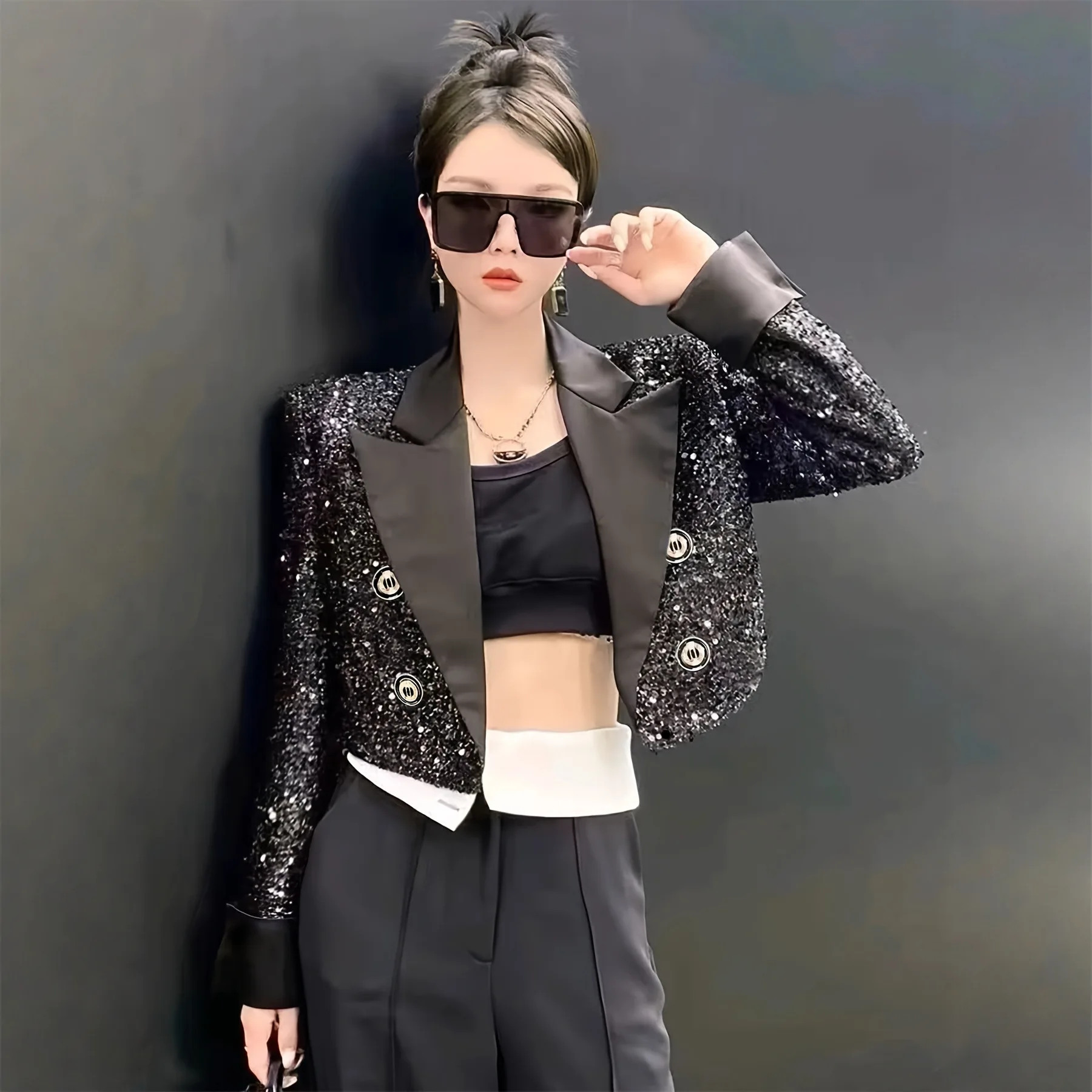 Women's Double Breasted Sequin Decor Cropped Blazer Jacket Slimming Comfort Versatile Commute Elegant Celebrity Style Tweed Top