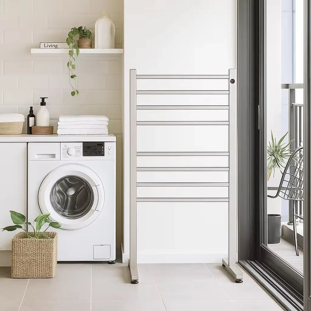 Portable Electric Heated Drying Rack Floor Standing Clothes Heater Stainless Steel Frame Easy Move Towel Warmer