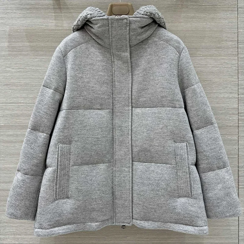 여성용 패치워크 니트 후드가 있는 고품질 모피 및 다운 재킷, 이중 지퍼, 겨울 코트 여성 의류 251218108
