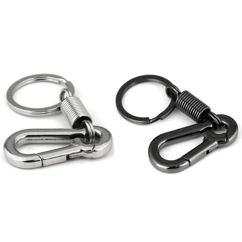 2X Sturdy Carabiner Key Chain Key Ring Polished Key Chain Spring Key Chain Business Waist Key Chain, Silver & Black