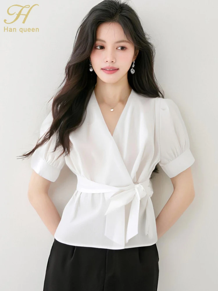 

H Han Queen 2025 Summer Elegant Female Shirt V-Neck Short Sleeve Casual Tops Chic Loose Blouses Women's Clothing Office Blouse