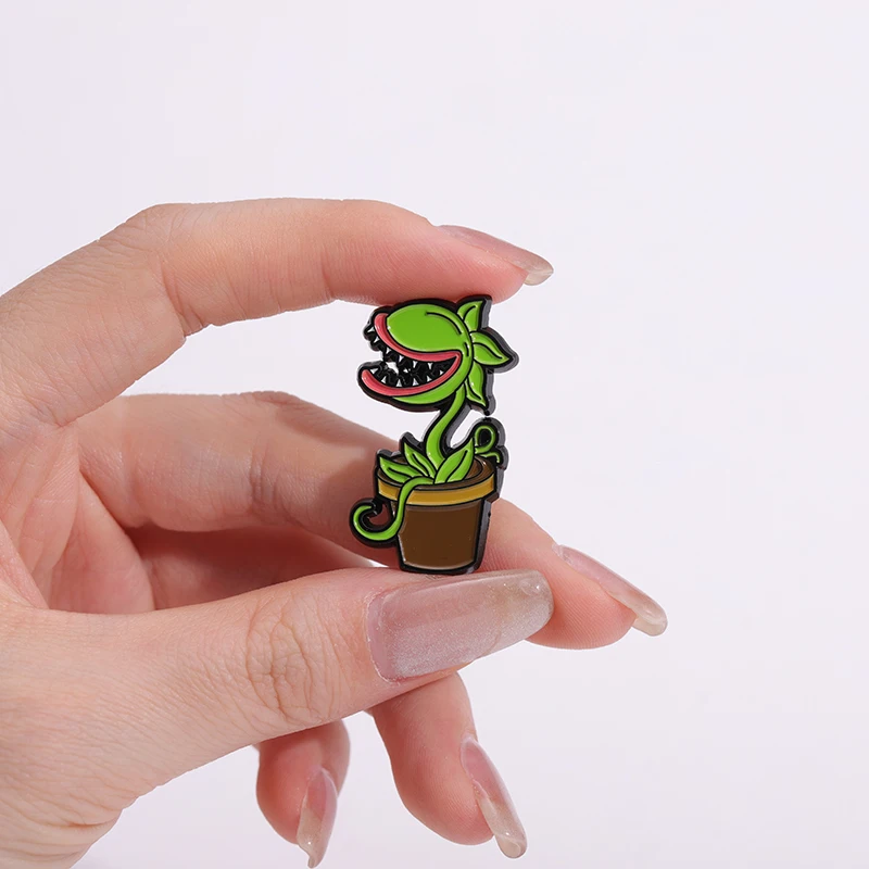 Potting Carnivorous Plants Enamel Pins Cartoon Horror Green Flower Brooches Lapel Badge Jewelry Wholesale Accessories Gift