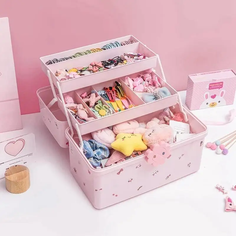 Little Girl Hair Accessories Organizer 3-layer Girls Hair Clip Storage Box Waterproof Kids Jewelry Box With 6 Stickers For Dorm