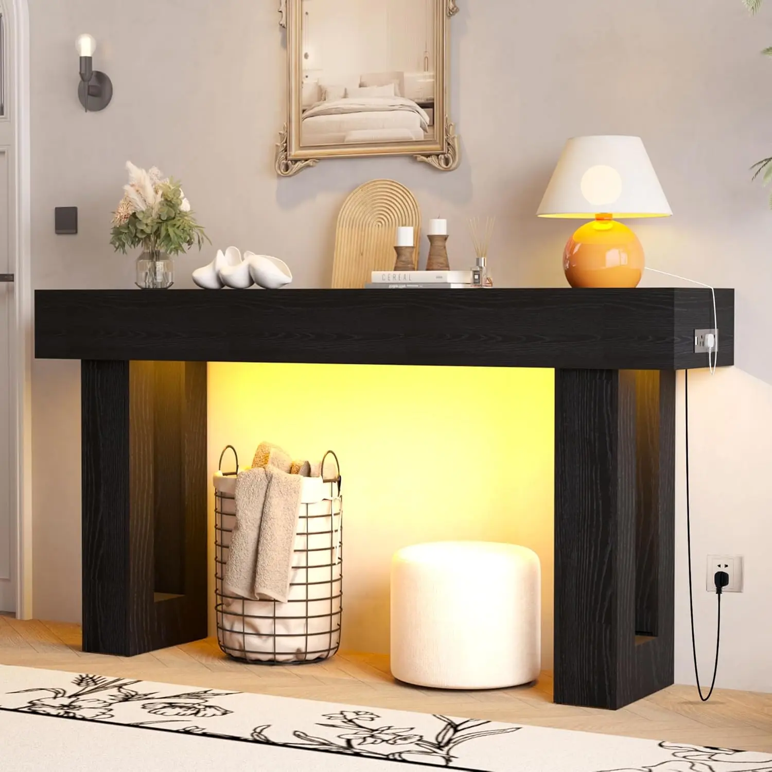 

Depeht 63" Long Console Table with Power Outlet LED Lights, Wooden Farmhouse Sofa Behind Couch Table with Storage,, Customized