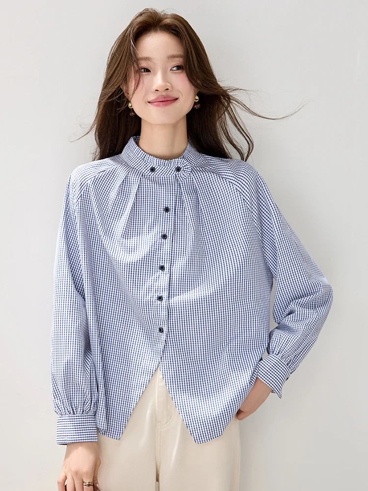 خمر الوقوف طوق منقوشة الكشكشة قميص المرأة الخريف سيدة أنيقة بسيطة تنوعا الأزرق فضفاضة طويلة الأكمام بلوزة بلايز عادية