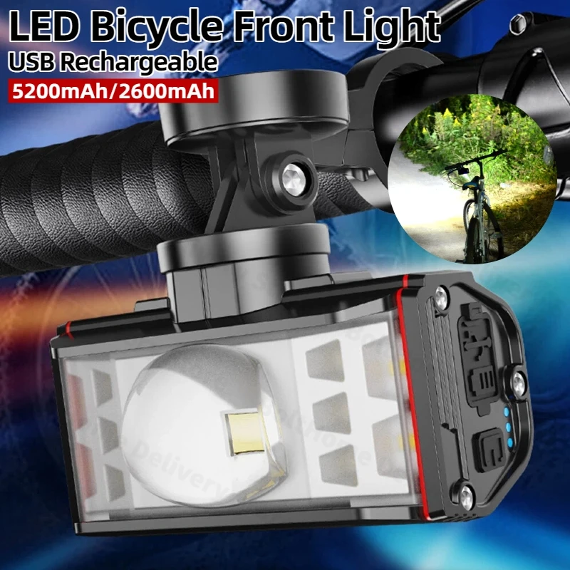2600/5200mAh LED الدراجة المقود مصباح يدوي USB قابلة للشحن الدراجات مصباح يدوي مقاوم للماء الجبلية الجبلية مصباح لركوب الليل