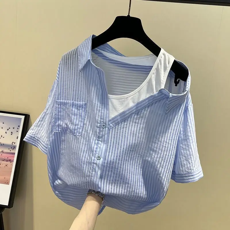 Fashion Hollow Out Pockets Striped Off Shoulder Fake Two Piece Blouse Female Clothing 2023 Summer New Casual Tops Sweet Shirt