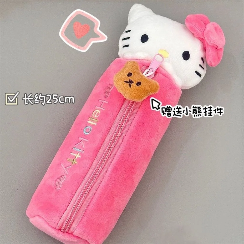 

MINISO Hello Kitty Pencil Pouch Large Capacity Plush Pen Case Cute Kt Cat Cosmetic Bag Girls Student Supplies Stationery Gifts