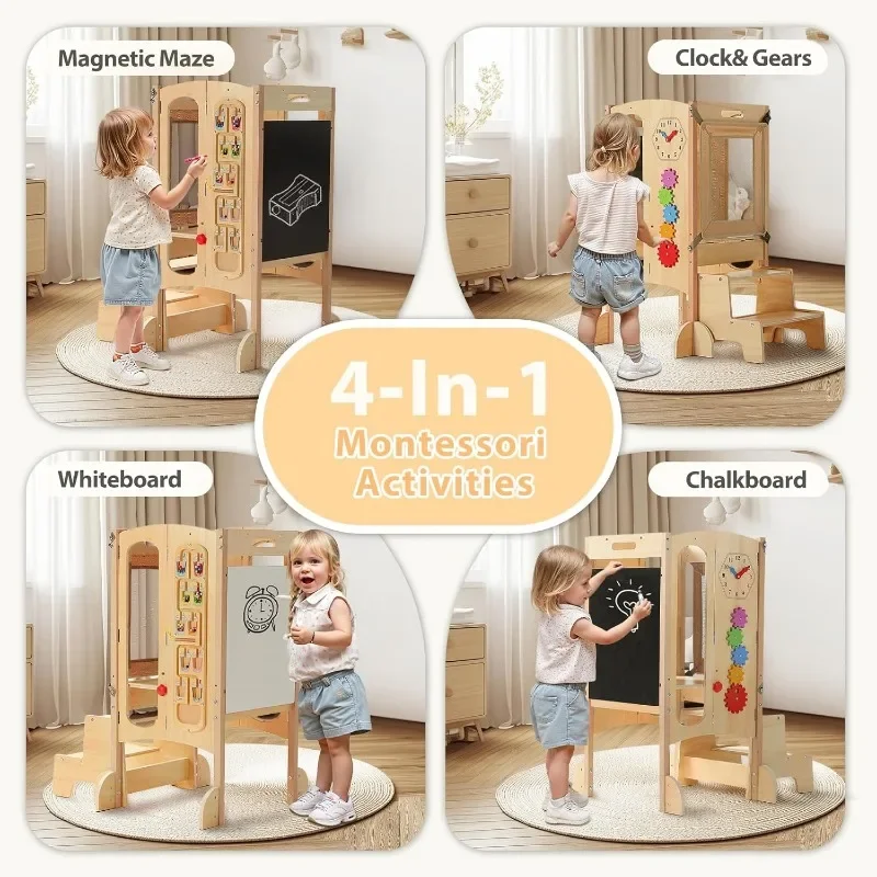 New.Toddler Tower، مساعد مقعد مطبخ للأطفال الصغار قابل للطي مع مقعد بخطوتين، مقعد خشبي للأطفال الصغار مع شبكة أمان #5