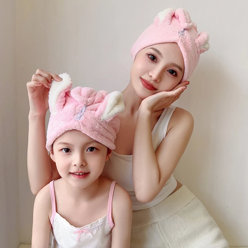 Dry Hair Cap Polyester Nylon Coral Fleece Absorbent Rabbit Ears Dry Hair Cap Towels Children\'s and Adults\' Thickened Shower Caps