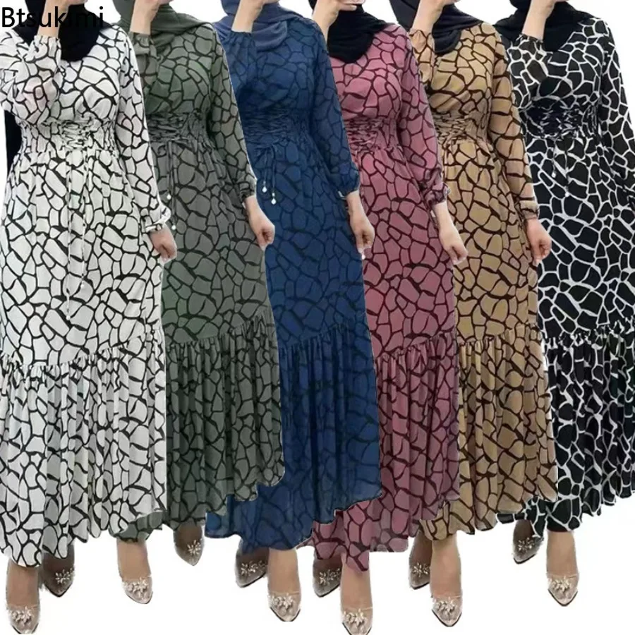 

Muslim Elegant Print Dress Abaya for Women Fashion High Waist Long Sleeve Arab Islamic Clothing Mid East Turkish Evening Dresses