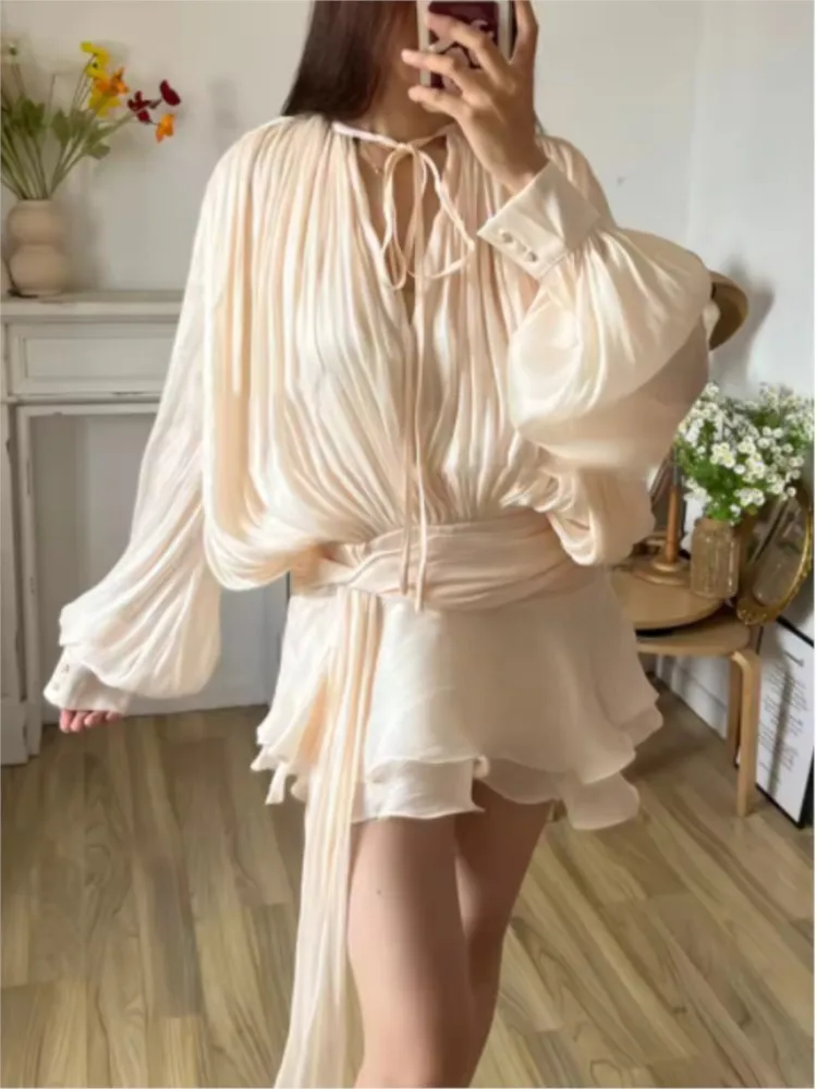 

Elegant Solid Color Blouse Mini Dresses Women Fashion Design Folds V Neck Long Sleeve Spliced Lace Up Dress Temperament Female