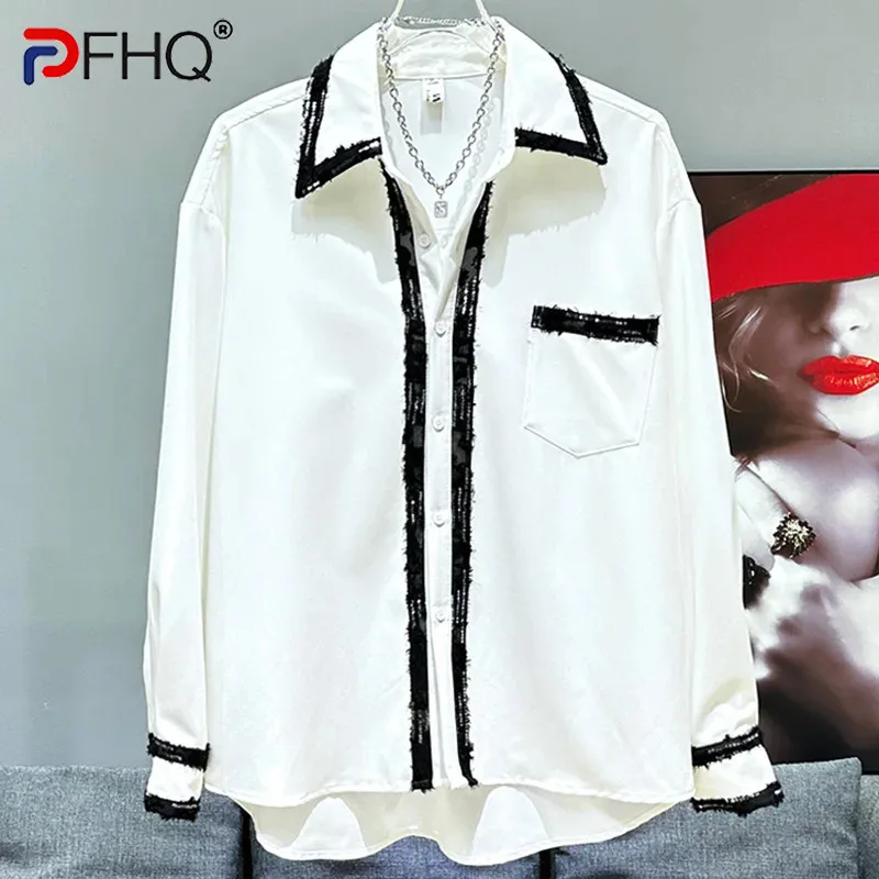 

PFHQ Men's Contrast Color Shirts Male Long Sleeved Loose Turn-down Collar Rough Selvedge Pockets Summer Delicacy Tops 21Z4364