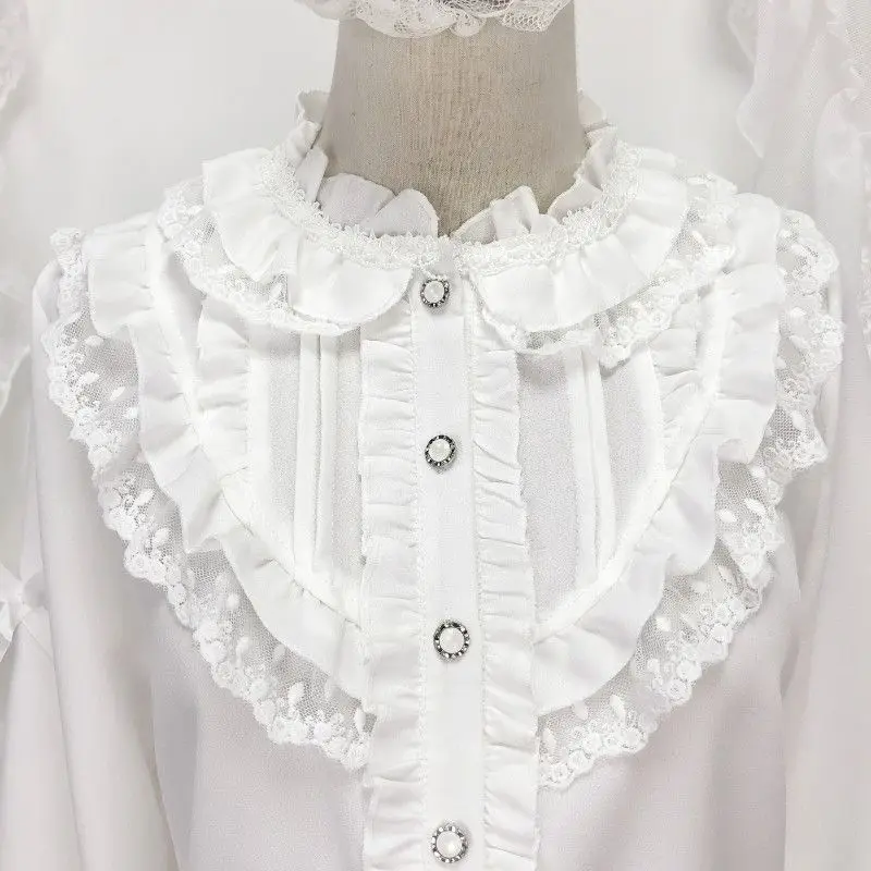 

Gagaok 2026 New Sweet Cute Lolita Inner Lace White Design Sense Niche Long Sleeve Small Stand Collar Ruffle Edge Shirt Top Women