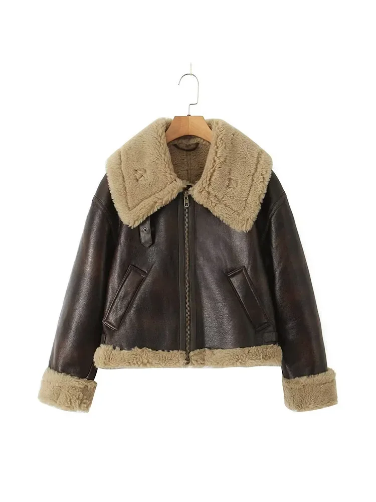 LIBIELIY Solid Color Loose Thick Warm Lapel Imitation Lambskin Winter New Long-sleeved Motorcycle Jacket Women's Leather Jacket