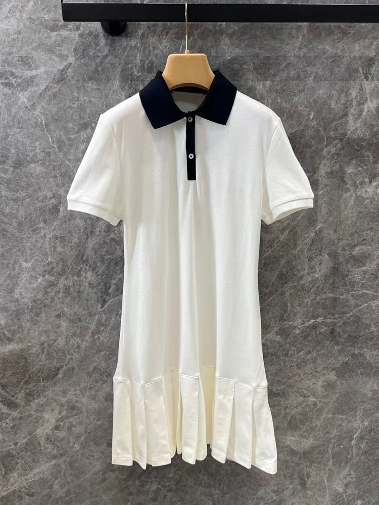 2025 spring women's new college style polo collar pure cotton short-sleeved dress fashion hem pleated straight tufty skirt