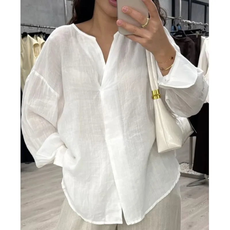 

Summer Hot Style Women's Shirt Casual Solid Color Long Sleeved Top Fashion V-neck Loose Comfortable Blouses Lady Office Clothing