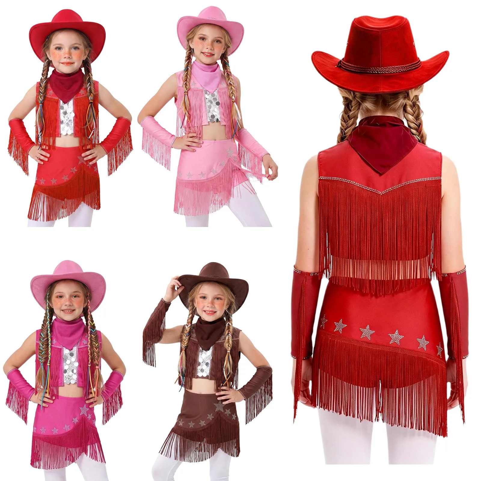 Teen Girls Halloween Western Cowgirl Costume Tassel Crop Vest Tops with Skirt Gloves Hat Kerchief Jazz Dance Performance Outfit view 5