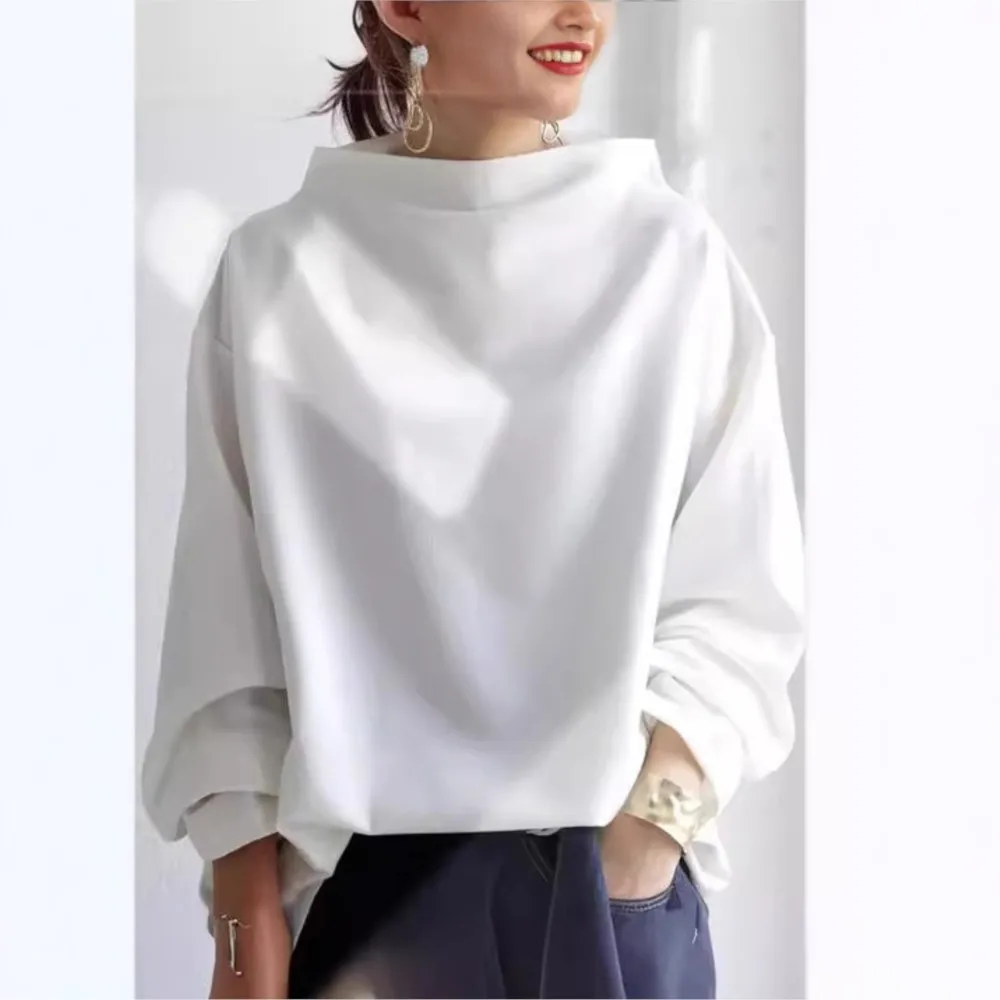 Elegant Women\'s Solid Sweatshirt High Neck Long Sleeves Loose Fit Casual Pullovers 2024 Spring/Autumn New Simple T-shirt Tops