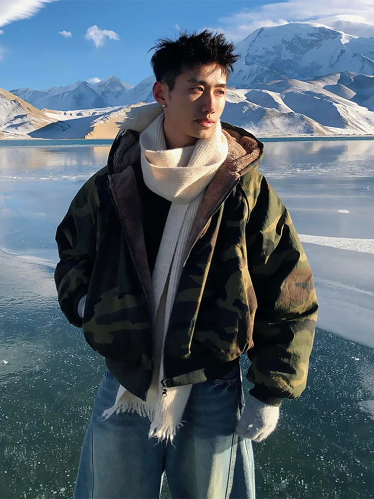 

Thiened Camouflage Hooded Cotton Jaet Men's Winter Warm Outerwear ort Sle Military een Retro American Sle Coat