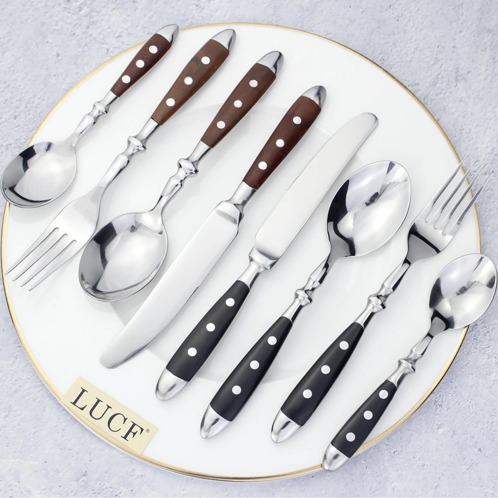 LUCF Classic Elegant Resin Rivets Handle Style Stainless Steel Western Cutlery 4 In 1 Set Delicate Utensils Dinnerware For Home