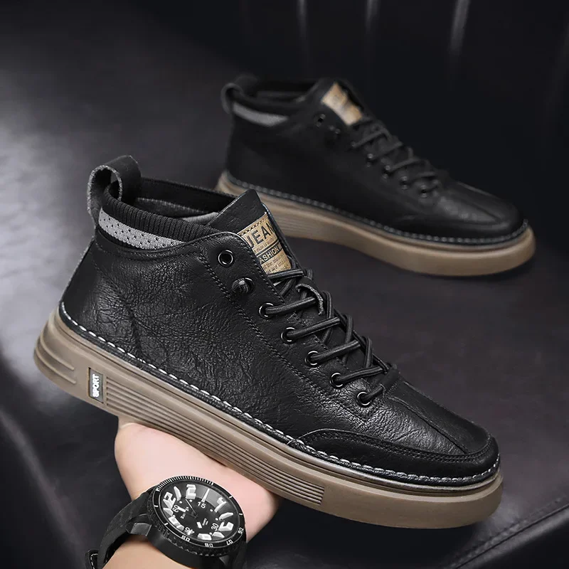 

New Men's Casual Leather Shoe Solid Color Fashion High-top Black Male Sneakers Lace-up Platform Ankle Boot Man Chaussure Hommes