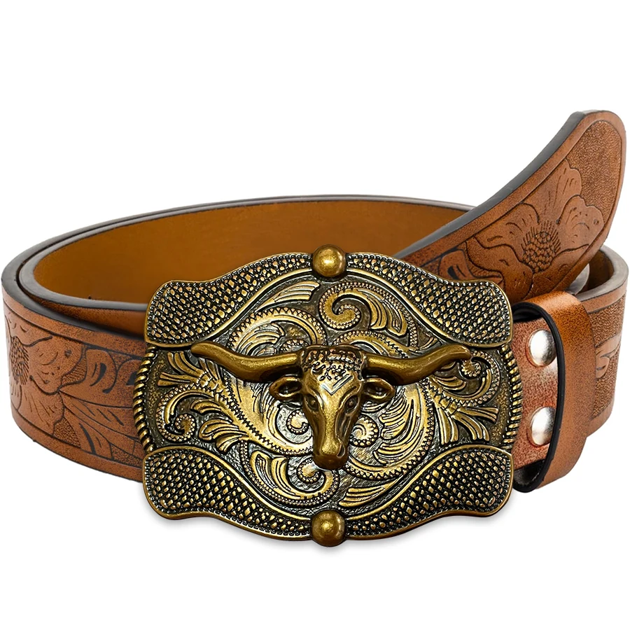 حزام Niu Tou Tang بنمط العشب رائع منحوت على شكل لوحة كبيرة بإبزيم معدني للرجال والنساء - نمط غير منتظم منحوت Fl