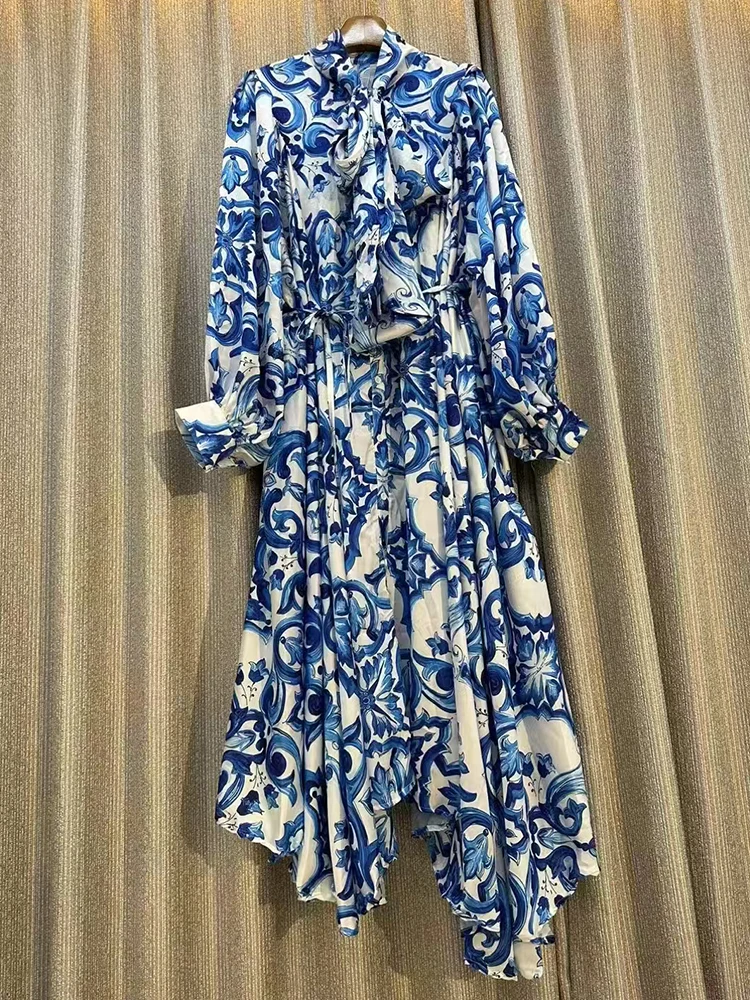 Retro geometric printed bow collar single-breasted long-sleeved dress 2025 autumn women's fashion loose irregular puffy dress