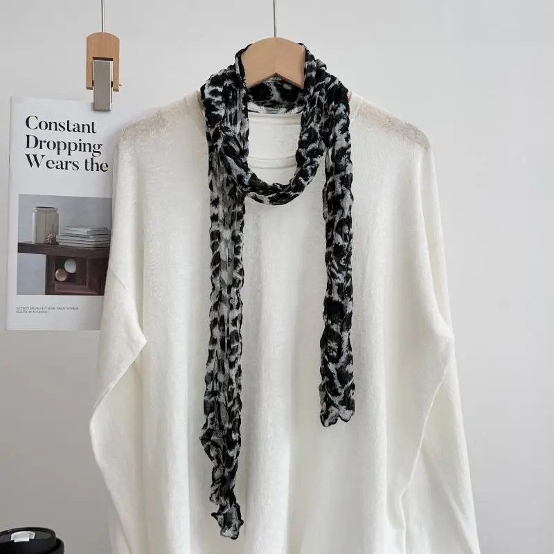 Soft Crinkled Black‑White Leopard‑Print Chiffon Scarf, For Daily Travel