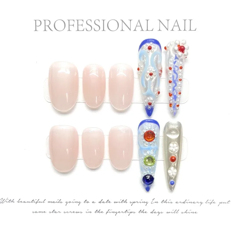 10pcs Handmade Chinese Court Style Extra Long Adhesive Decorated False Nails Rhinestones Pearls Stiletto Fake Press on Nail Tips