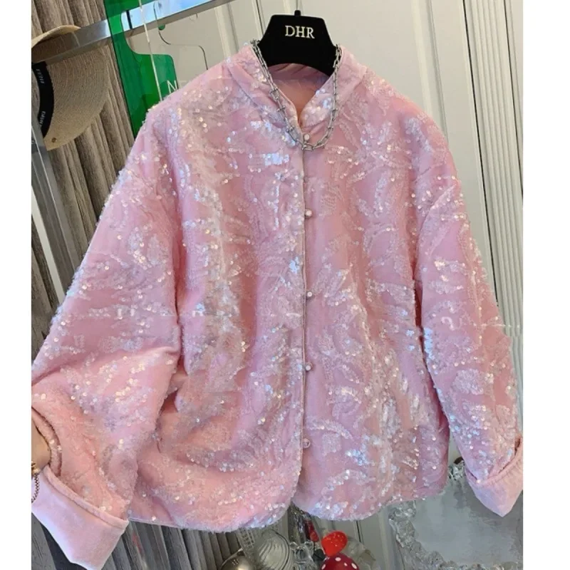 Pink new Chinese style light luxury fashion coat female 2024 autumn and winter new fashion temperament design sequined top.