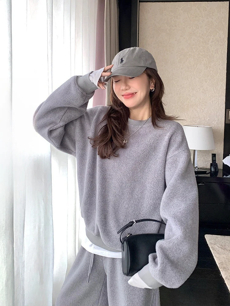 

Winter Warm Thiened Wool Blend Fce Sweatirt Wide Leg Pants Set Women's Faion High Waist round Ne Casual Outfit